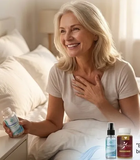 'Smiling senior woman holding supplement bottle on bed with CardioEaseX and BreathEaseX products