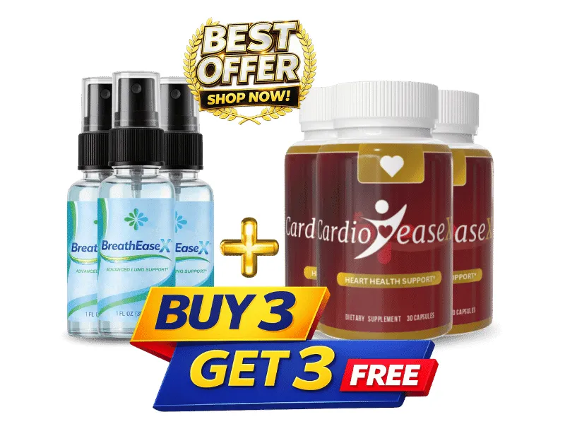 BreatheEaseX and CardioEaseX supplements promotional banner featuring a Buy 3 Get 3 Free special offer.