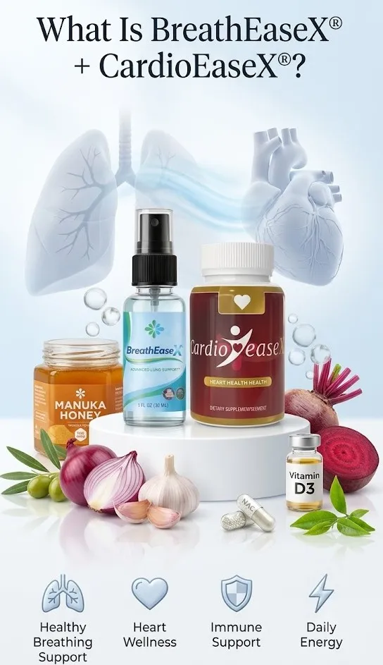 BreathEaseX and CardioEaseX supplements with natural ingredients like Manuka honey, beetroot, garlic, onion, and Vitamin D3.