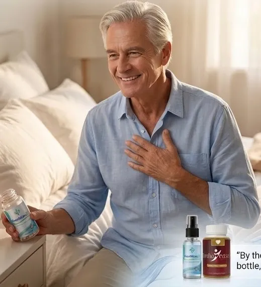 Smiling senior man holding supplement bottle on bed with CardioEaseX and BreathEaseX wellness duo products.