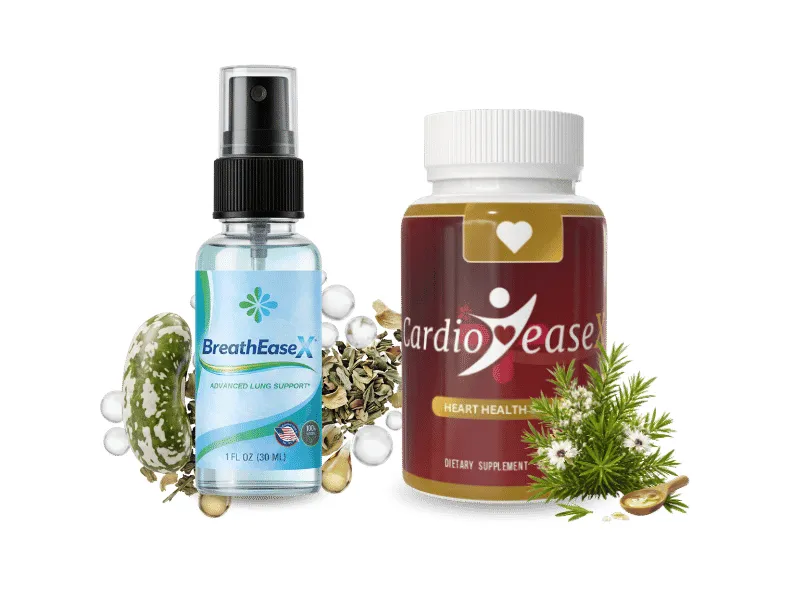 BreathEaseX lung support spray and CardioEaseX heart health supplement bottle with natural herbal ingredients.