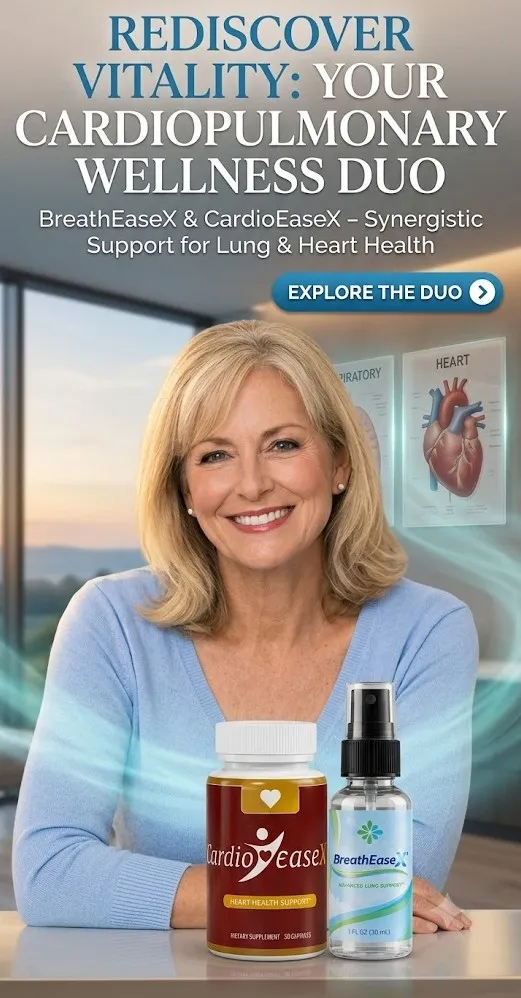 Smiling mature woman presenting CardioEaseX and BreathEaseX cardiopulmonary wellness duo for heart and lung health.