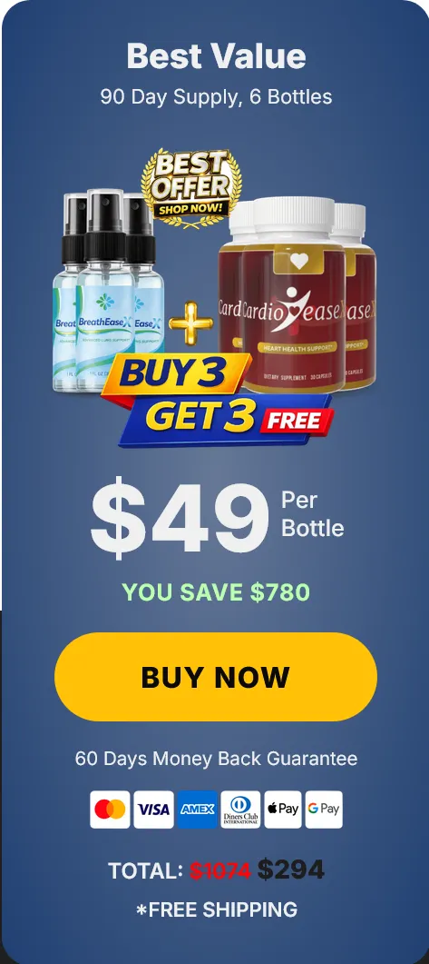 BreatheEaseX and CardioEaseX Buy 3 Get 3 Free checkout offer page showing a total price of 294 dollars with free shipping.