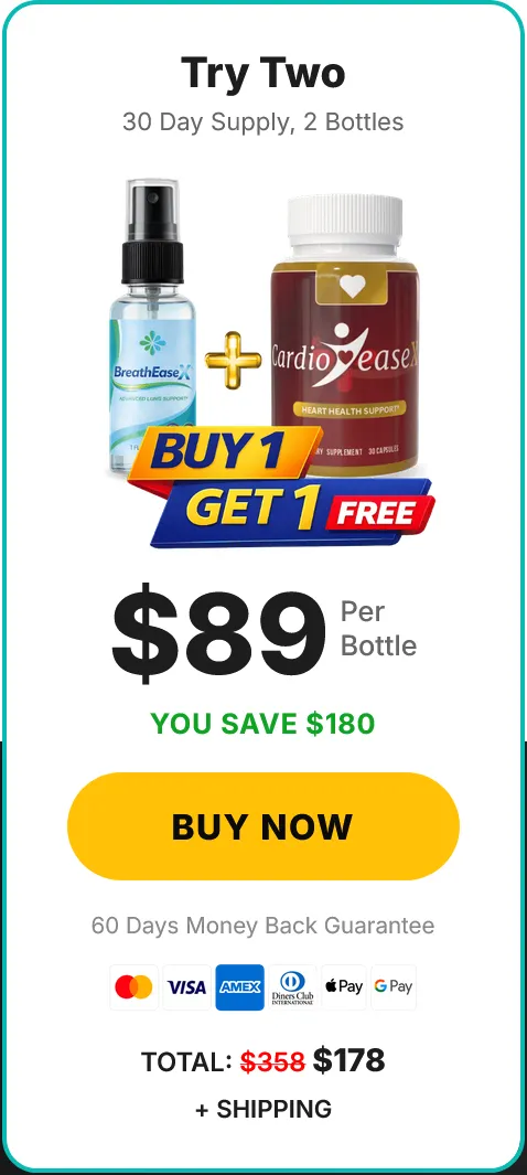 BreatheEaseX and CardioEaseX Buy 1 Get 1 Free checkout offer page showing a total price of 178 dollars.