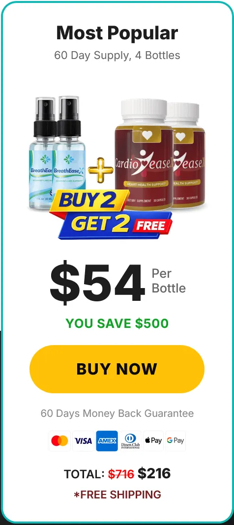 BreatheEaseX and CardioEaseX Buy 2 Get 2 Free checkout offer page showing a total price of 216 dollars with free shipping.