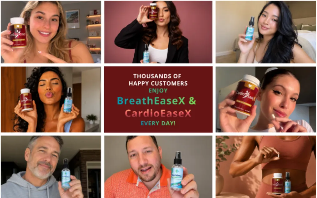 Grid of diverse happy customers holding CardioEaseX and BreathEaseX supplements with text celebrating thousands of daily users.